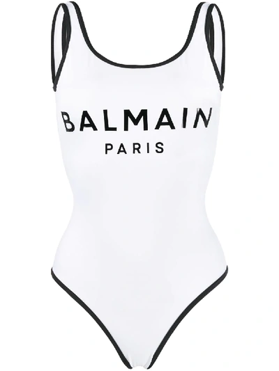 Shop Balmain Printed Logo Swimsuit In White