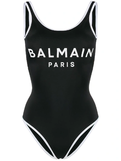 Shop Balmain Printed Logo Swimsuit In Black