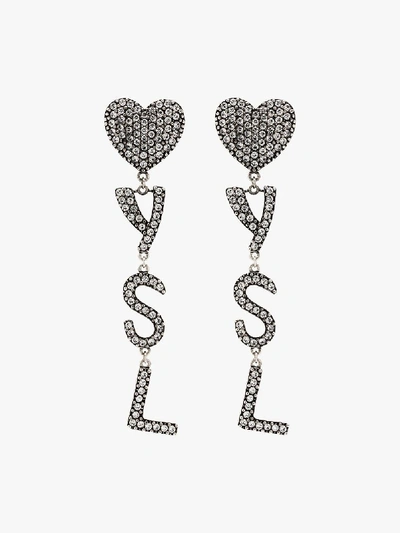 Shop Saint Laurent Silver Tone Heart Logo Drop Earrings