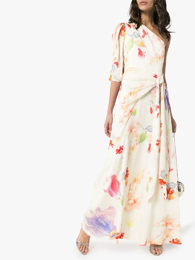 Shop Peter Pilotto Floral Print Draped Silk Gown In White