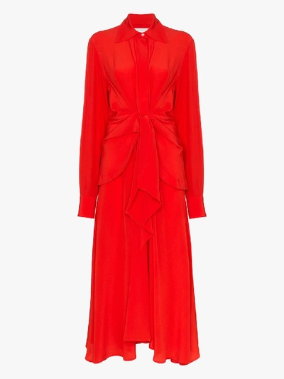 Shop Victoria Beckham Knot Front Silk Shirt Dress In Red