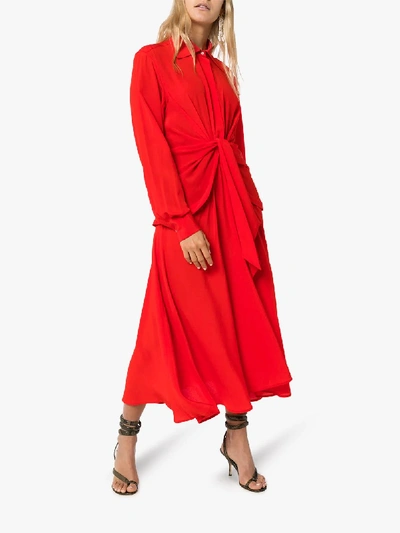 Shop Victoria Beckham Knot Front Silk Shirt Dress In Red