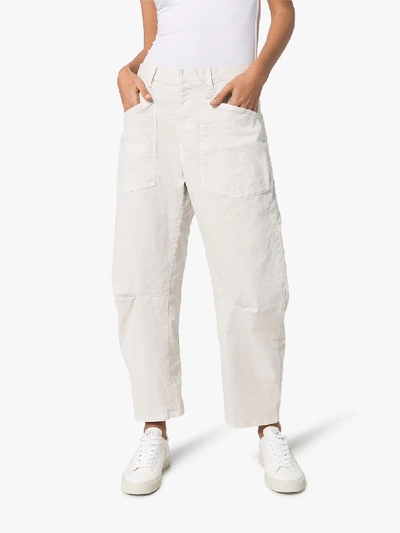 Shop Nili Lotan Shon Curved Stretch Cotton Trousers In White