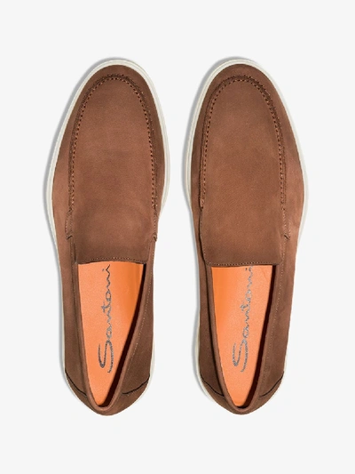Shop Santoni Brown Minimal Leather Loafers