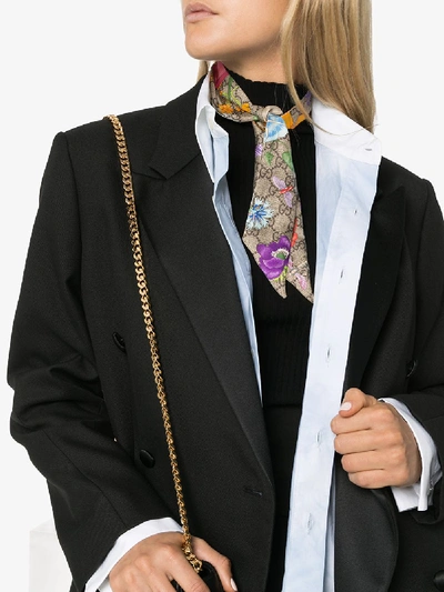 Shop Gucci Multicoloured Floral Print Silk Neck Scarf In Brown