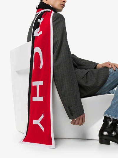 Shop Givenchy Black, Red And Grey Intarsia Logo Scarf In Blue