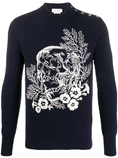 Shop Alexander Mcqueen Floral Embroidered Skull Jumper In Blue