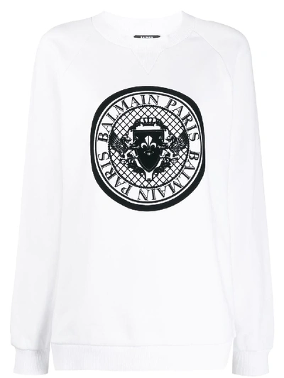 Shop Balmain Logo Print Crew Neck Sweatshirt In White