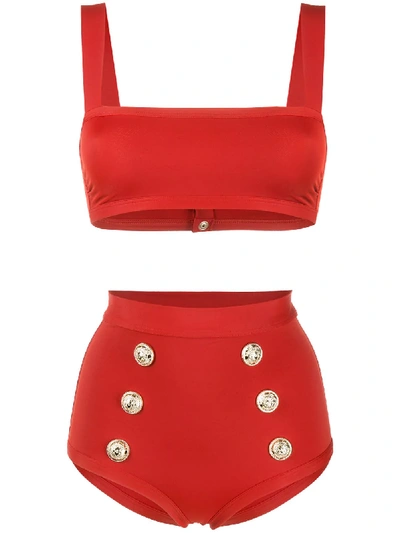 Shop Balmain Decorative Buttons Bikini Set In Red