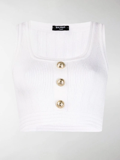 Shop Balmain Ribbed Sleeveless Crop Top In White