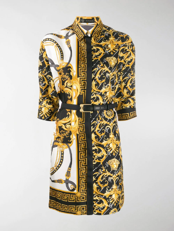 Versace Printed Silk Twill Mini Shirt Dress In Gold | ModeSens