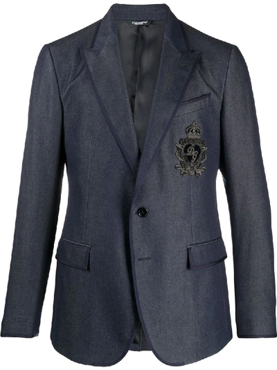 Shop Dolce & Gabbana Embroidered Crest Logo Blazer In Blue
