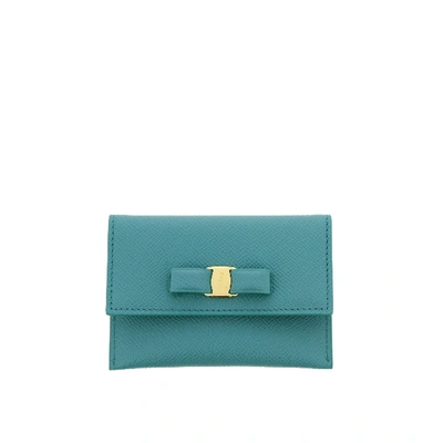 Shop Ferragamo Credit Card Holder With Vara Bow In Turquoise