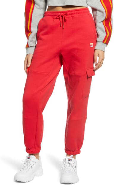 red cargo joggers