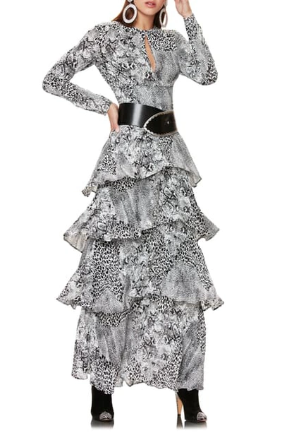 Shop Afrm Kai Long Sleeve Ruffle Maxi Dress In Noir Animal