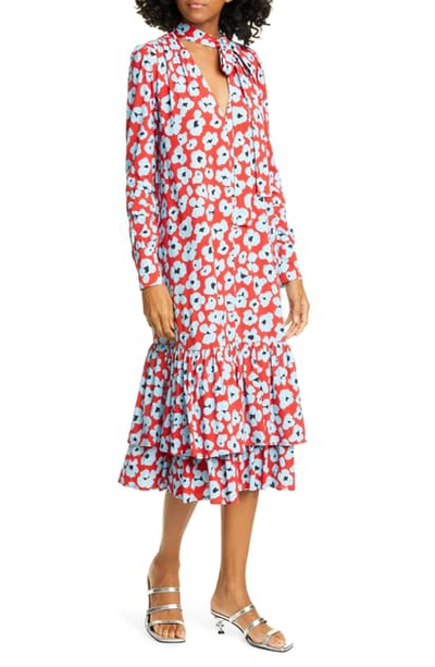 Shop La Doublej Good Witch Floral Long Sleeve Midi Dress In Flower Leopard