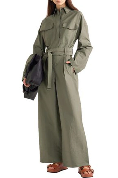 Shop Brunello Cucinelli Belted Bead-embellished Crinkled Cotton-blend Jumpsuit In Army Green