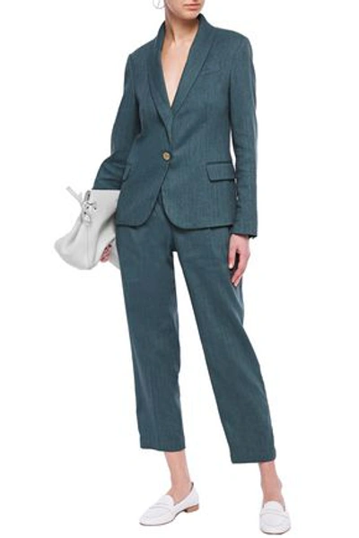 Shop Brunello Cucinelli Bead-embellished Herringbone Cotton-blend Blazer In Petrol