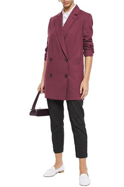 Shop Brunello Cucinelli Double-breasted Linen And Cotton-blend Blazer In Plum
