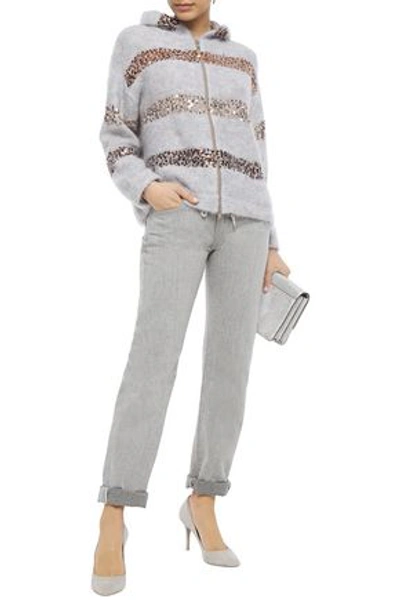 Shop Brunello Cucinelli Sequin-embellished Brushed Knitted Hooded Cardigan In Light Gray