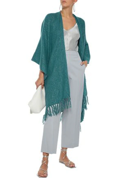 Shop Brunello Cucinelli Tassel-trimmed Metallic Brushed Knitted Wrap In Teal