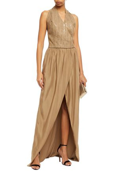 Shop Brunello Cucinelli Embellished Herringbone Cotton-blend And Silk-habotai Halterneck Maxi Dress In Sand