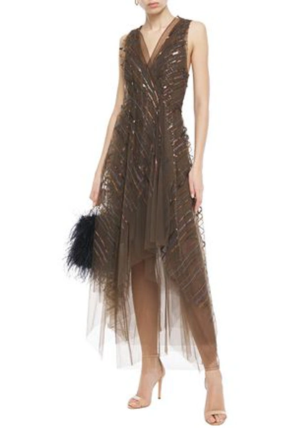 Shop Brunello Cucinelli Asymmetric Wrap-effect Sequin-embellished Tulle Midi Dress In Mushroom