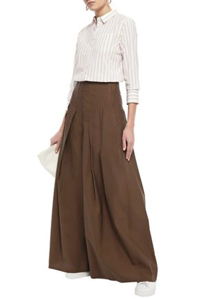 Shop Brunello Cucinelli Pleated Cotton-blend Wide-leg Pants In Chocolate