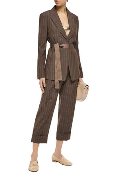 Shop Brunello Cucinelli Bead-embellished Pinstriped Wool Suit In Chocolate