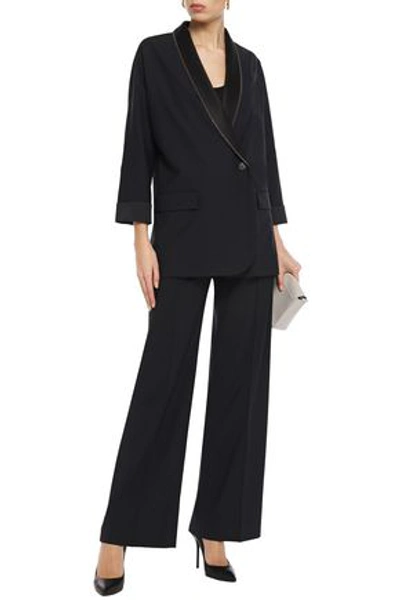 Shop Brunello Cucinelli Double-breasted Silk Satin-trimmed Bead-embellished Wool-blend Blazer In Midnight Blue