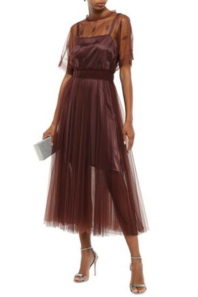 Shop Brunello Cucinelli Bead-embellished Pleated Tulle Midi Dress In Burgundy