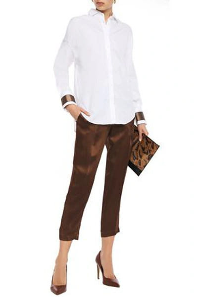 Shop Brunello Cucinelli Cropped Bead-embellished Satin Tapered Pants In Chocolate