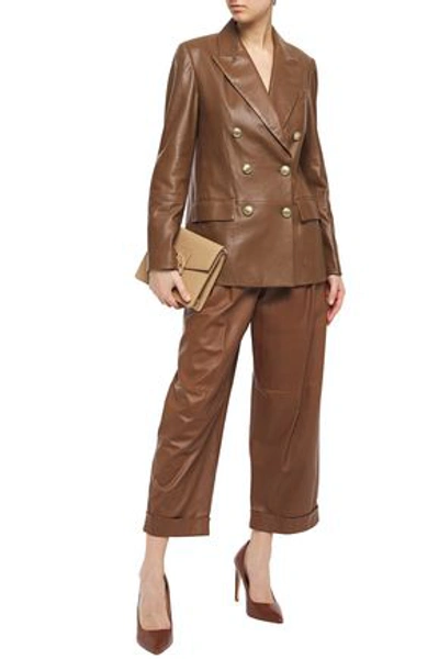 Shop Brunello Cucinelli Cropped Pleated Leather Wide-leg Pants In Brown