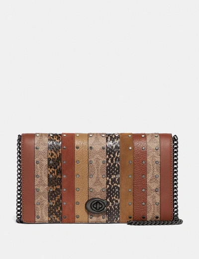 Shop Coach Callie Foldover Chain Clutch With Signature Canvas Patchwork Stripes And Snakeskin Detail - Wo In Pewter/tan Black Multi