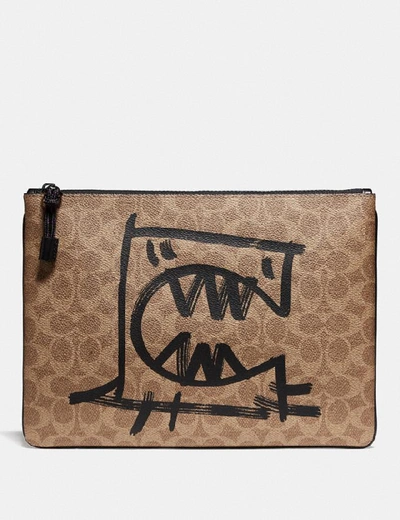 Coach Pouch 30 In Signature Canvas With Rexy By Guang Yu In Khaki