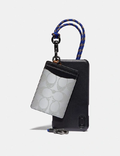 Shop Coach Iphone X/xs Card Case Lanyard In Reflective Signature Canvas In Silver/saddle/black