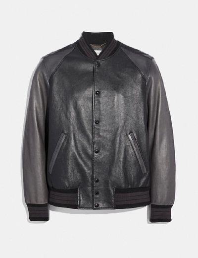 Shop Coach Leather Varsity Jacket In Black