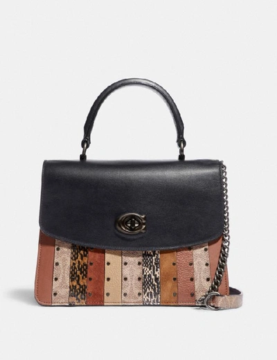 Shop Coach Parker Top Handle With Signature Canvas Patchwork Stripes And Snakeskin Detail In Pewter/tan Black Multi