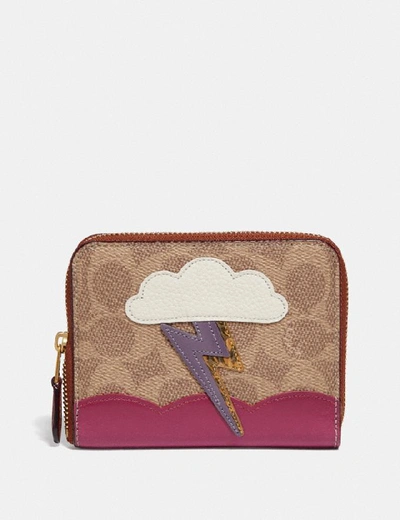 Shop Coach Small Zip Around Wallet In Signature Canvas With Lightning Cloud Applique And Snakeskin Detail In Tan/rust/brass