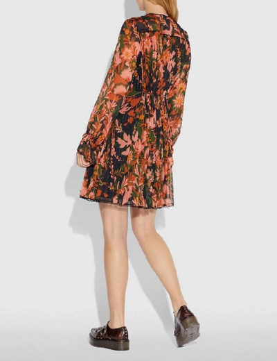 Shop Coach Forest Floral Print Pleated Dress With Necktie - Women's In Green/peach