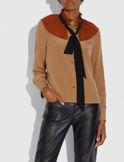 Shop Coach Gathered Collar Blouse - Women's In Camel