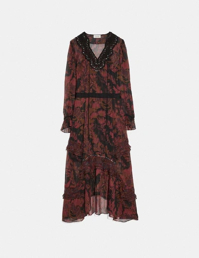 Shop Coach Long Embellished Forest Floral Print Dress - Women's In Dark Red