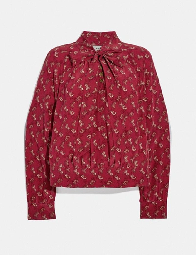 Shop Coach Horse And Carriage Print Tie Neck Blouse - Women's In Red/pink