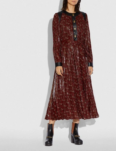 Shop Coach Lurex Horse And Carriage Print Pleated Dress In Color<lsn_delimiter>red.