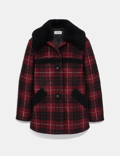 Shop Coach Plaid Wool Coat With Shearling Trim - Women's In Red/black