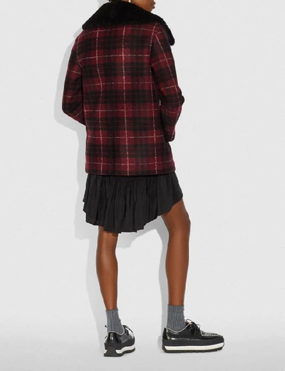 Shop Coach Plaid Wool Coat With Shearling Trim - Women's In Red/black