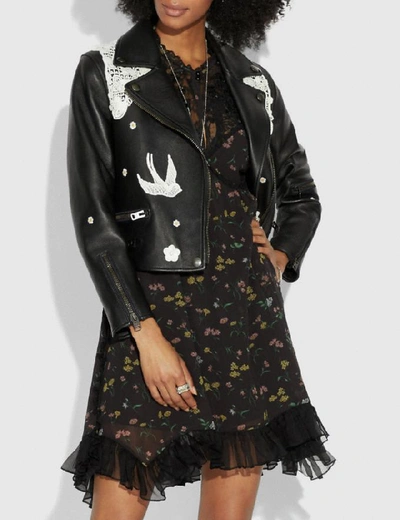 Shop Coach Lace Embroidered Leather Jacket - Women's In Black