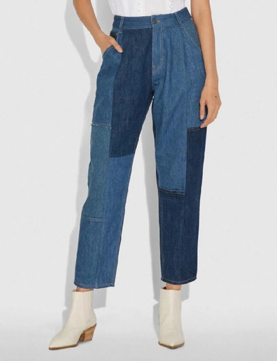 Shop Coach Denim Patchwork Pleated Trousers In Blue