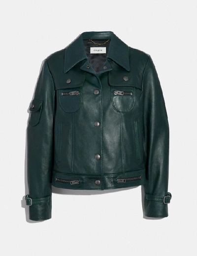 Shop Coach Leather Jacket - Women's In Forest Green