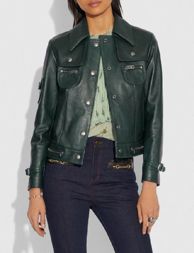 Shop Coach Leather Jacket - Women's In Forest Green